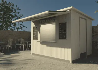 An Abraxas catering pod with overhead shelter attached located in an outside sunny area with outside seating.
